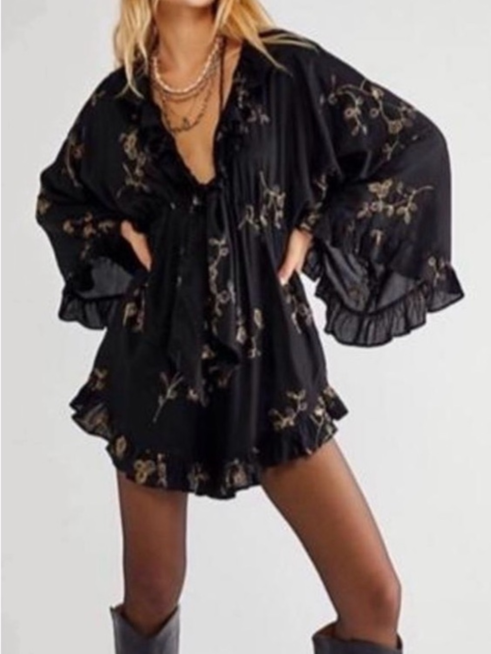 NWT Free People Dance All Night Black Embroidered Ruffle Romper Size Small